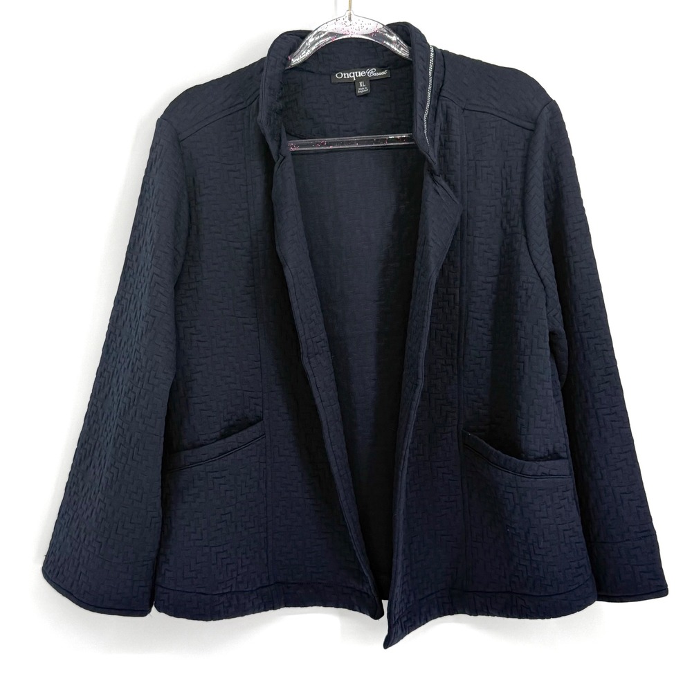 Onque Casual Navy Blue Quilted Open Front Jacket Rhinestone Trim Mock Neck Sz XL